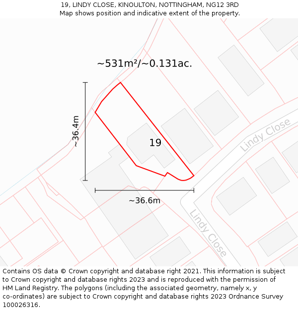 19, LINDY CLOSE, KINOULTON, NOTTINGHAM, NG12 3RD: Plot and title map