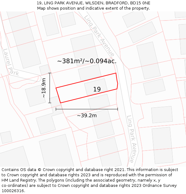 19, LING PARK AVENUE, WILSDEN, BRADFORD, BD15 0NE: Plot and title map