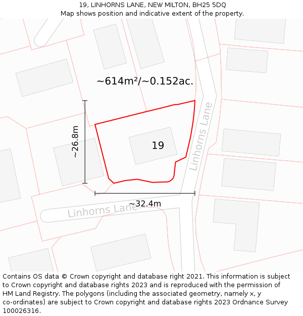 19, LINHORNS LANE, NEW MILTON, BH25 5DQ: Plot and title map