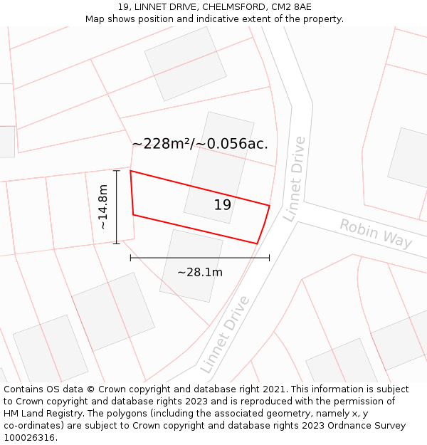 19, LINNET DRIVE, CHELMSFORD, CM2 8AE: Plot and title map