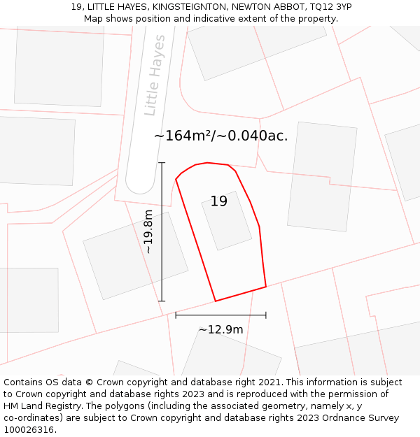 19, LITTLE HAYES, KINGSTEIGNTON, NEWTON ABBOT, TQ12 3YP: Plot and title map