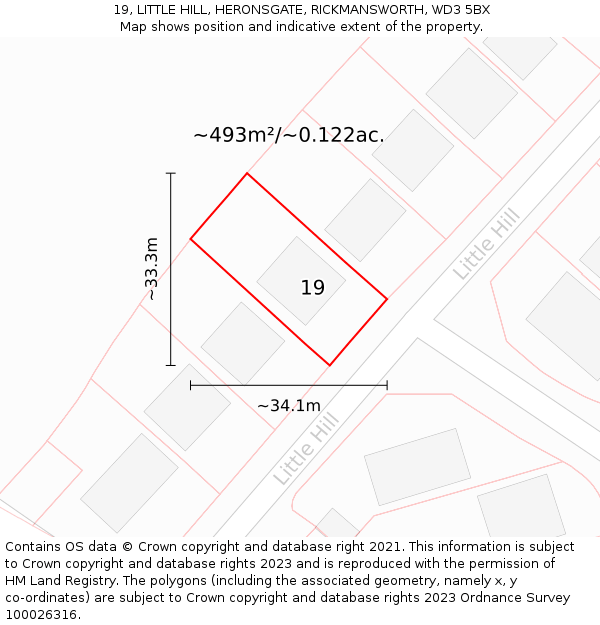 19, LITTLE HILL, HERONSGATE, RICKMANSWORTH, WD3 5BX: Plot and title map