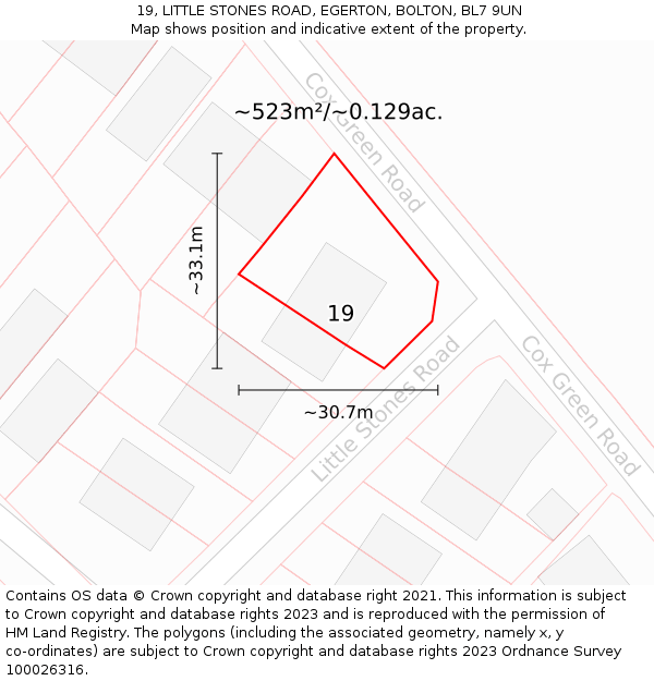 19, LITTLE STONES ROAD, EGERTON, BOLTON, BL7 9UN: Plot and title map