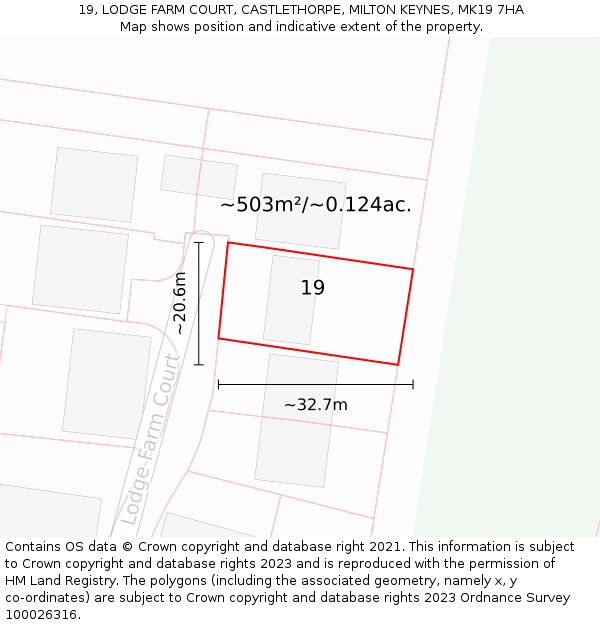 19, LODGE FARM COURT, CASTLETHORPE, MILTON KEYNES, MK19 7HA: Plot and title map