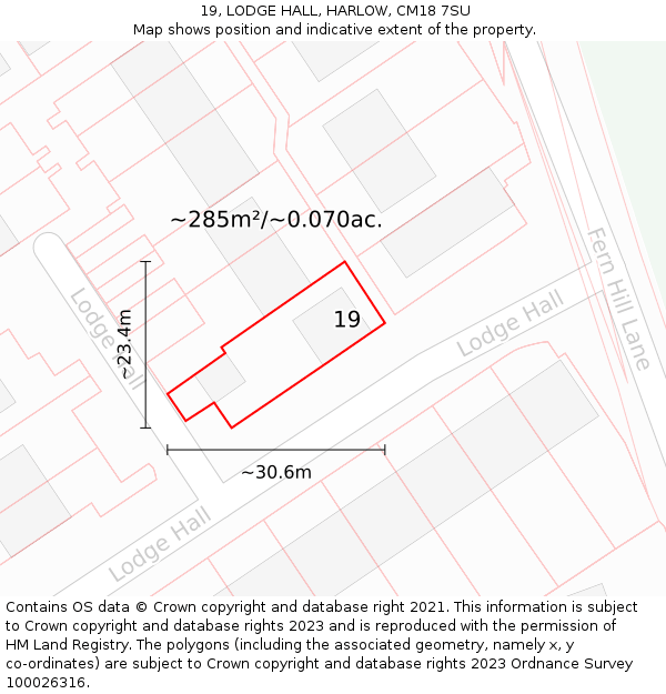 19, LODGE HALL, HARLOW, CM18 7SU: Plot and title map