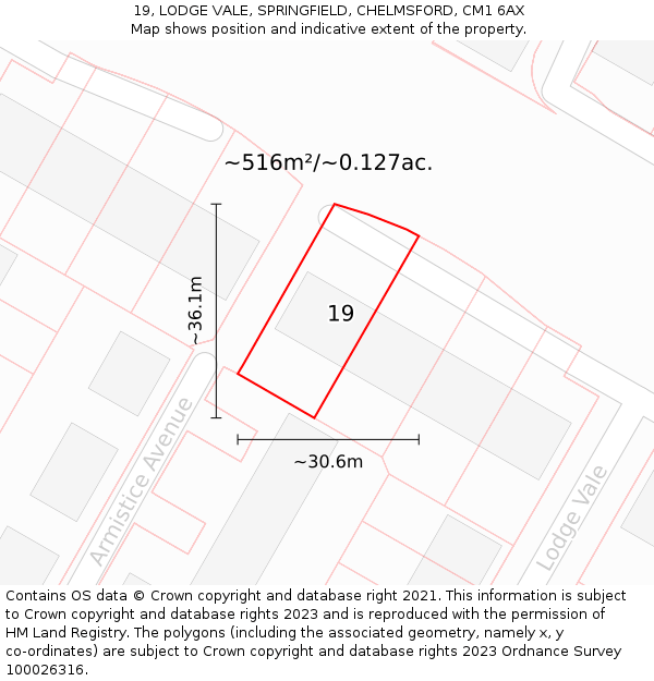 19, LODGE VALE, SPRINGFIELD, CHELMSFORD, CM1 6AX: Plot and title map