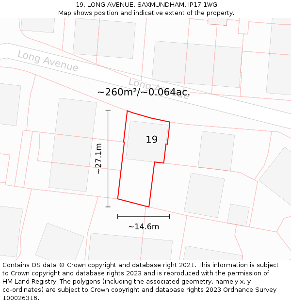 19, LONG AVENUE, SAXMUNDHAM, IP17 1WG: Plot and title map