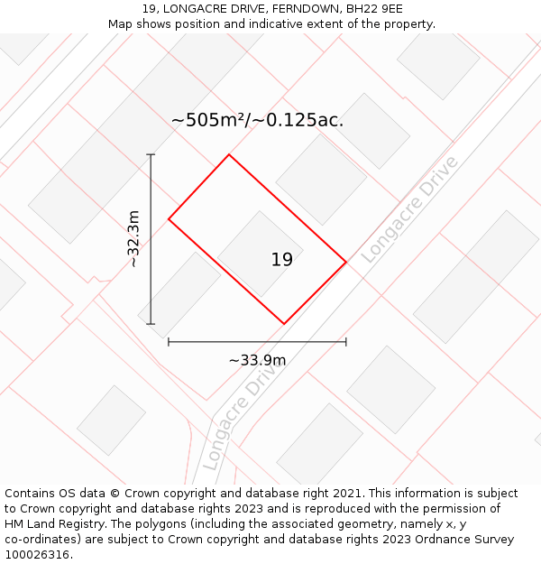 19, LONGACRE DRIVE, FERNDOWN, BH22 9EE: Plot and title map