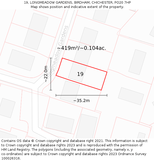 19, LONGMEADOW GARDENS, BIRDHAM, CHICHESTER, PO20 7HP: Plot and title map