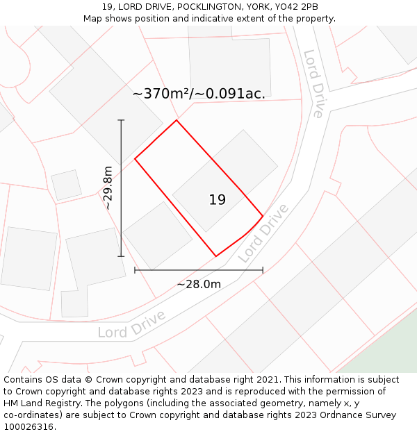 19, LORD DRIVE, POCKLINGTON, YORK, YO42 2PB: Plot and title map