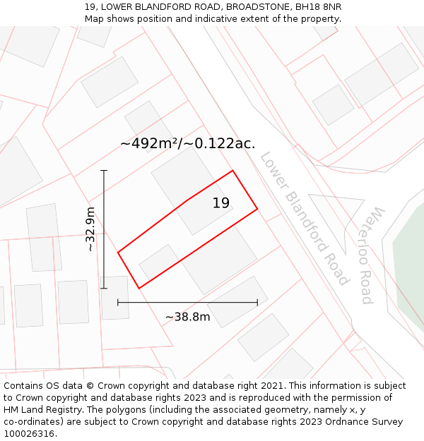 19, LOWER BLANDFORD ROAD, BROADSTONE, BH18 8NR: Plot and title map