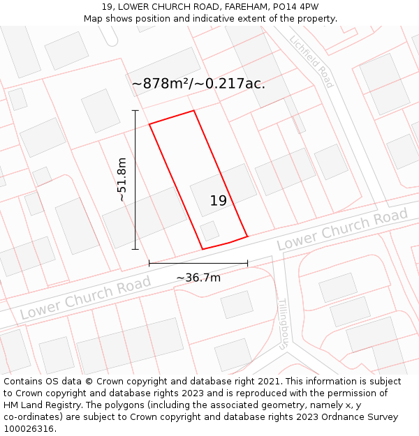 19, LOWER CHURCH ROAD, FAREHAM, PO14 4PW: Plot and title map