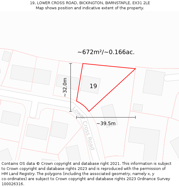 19, LOWER CROSS ROAD, BICKINGTON, BARNSTAPLE, EX31 2LE: Plot and title map