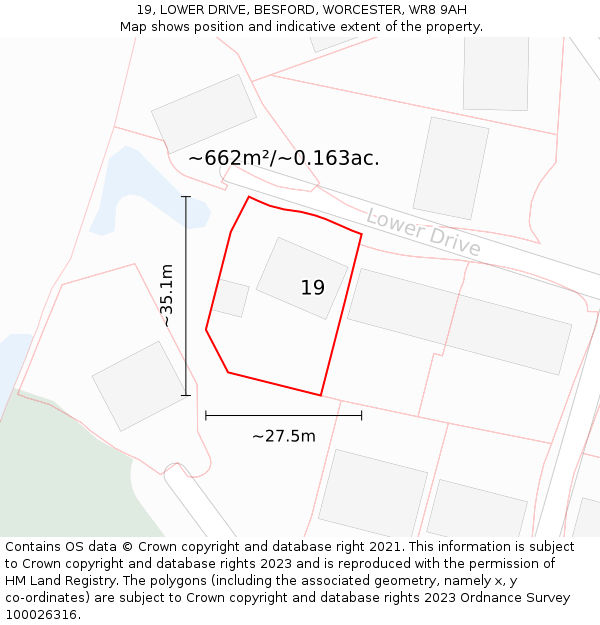 19, LOWER DRIVE, BESFORD, WORCESTER, WR8 9AH: Plot and title map