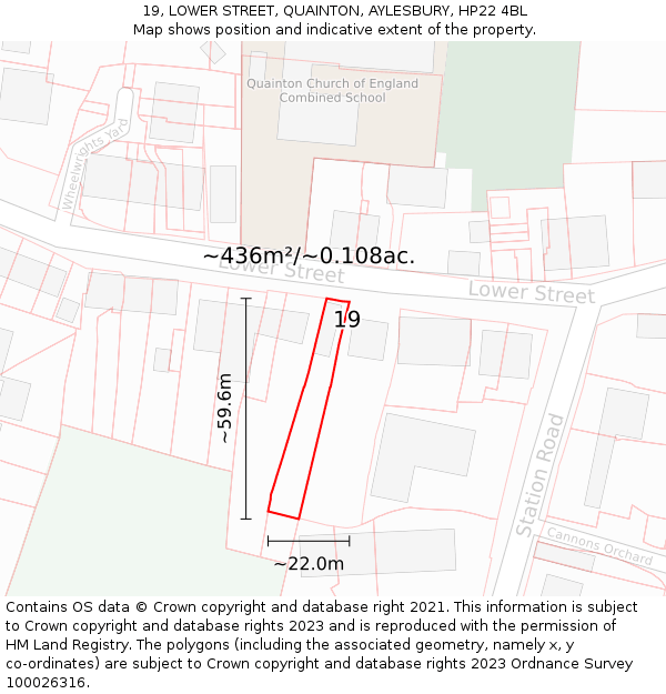 19, LOWER STREET, QUAINTON, AYLESBURY, HP22 4BL: Plot and title map