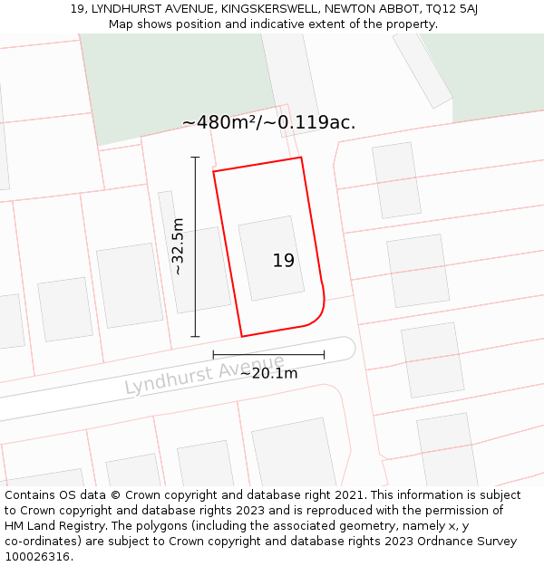 19, LYNDHURST AVENUE, KINGSKERSWELL, NEWTON ABBOT, TQ12 5AJ: Plot and title map