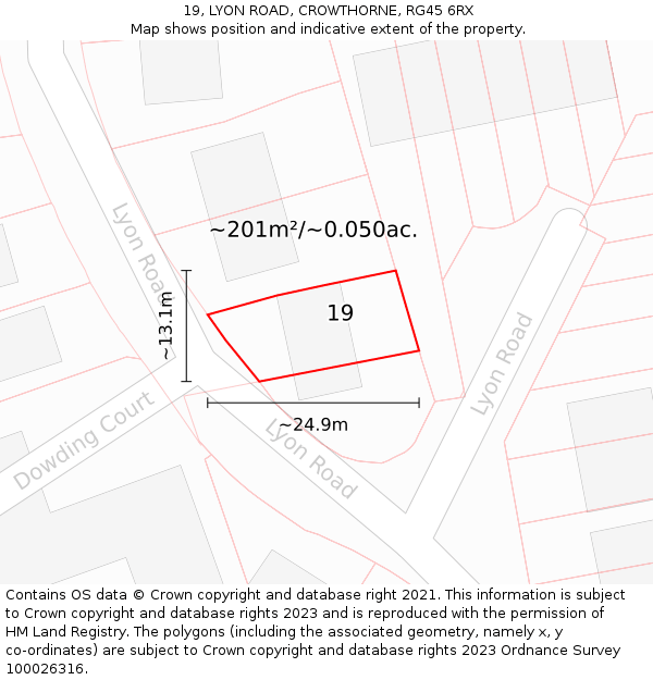 19, LYON ROAD, CROWTHORNE, RG45 6RX: Plot and title map