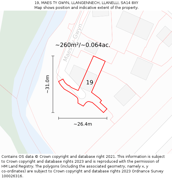 19, MAES TY GWYN, LLANGENNECH, LLANELLI, SA14 8XY: Plot and title map