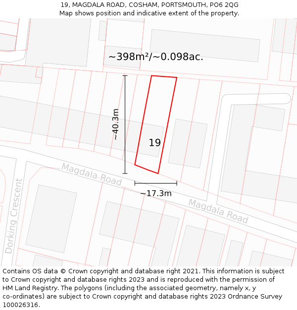 19, MAGDALA ROAD, COSHAM, PORTSMOUTH, PO6 2QG: Plot and title map