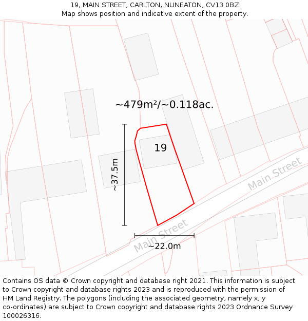 19, MAIN STREET, CARLTON, NUNEATON, CV13 0BZ: Plot and title map