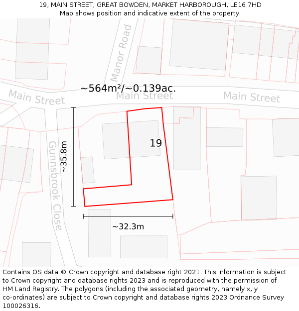 19, MAIN STREET, GREAT BOWDEN, MARKET HARBOROUGH, LE16 7HD: Plot and title map