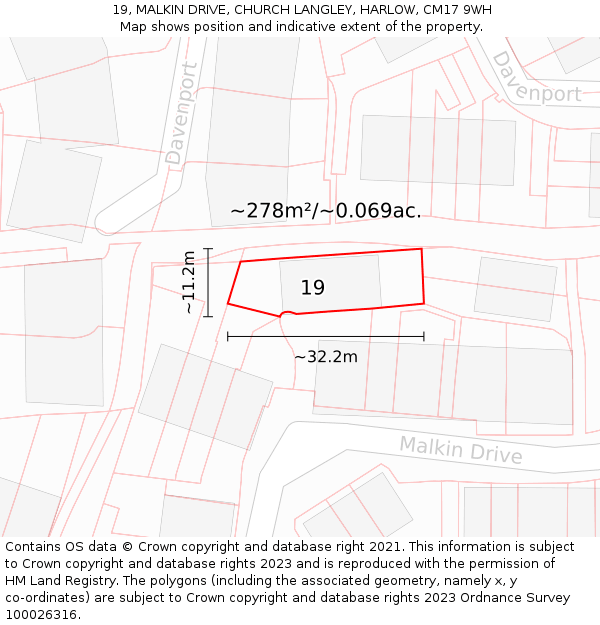 19, MALKIN DRIVE, CHURCH LANGLEY, HARLOW, CM17 9WH: Plot and title map