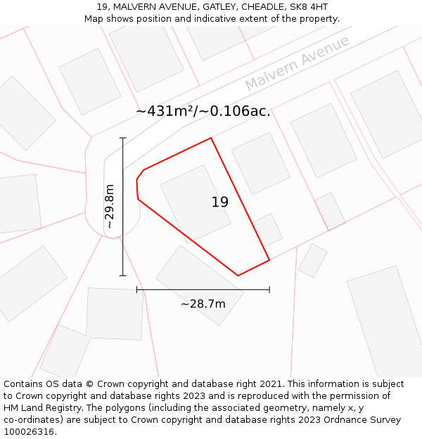 19, MALVERN AVENUE, GATLEY, CHEADLE, SK8 4HT: Plot and title map