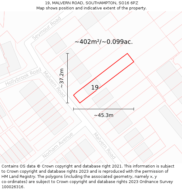 19, MALVERN ROAD, SOUTHAMPTON, SO16 6PZ: Plot and title map