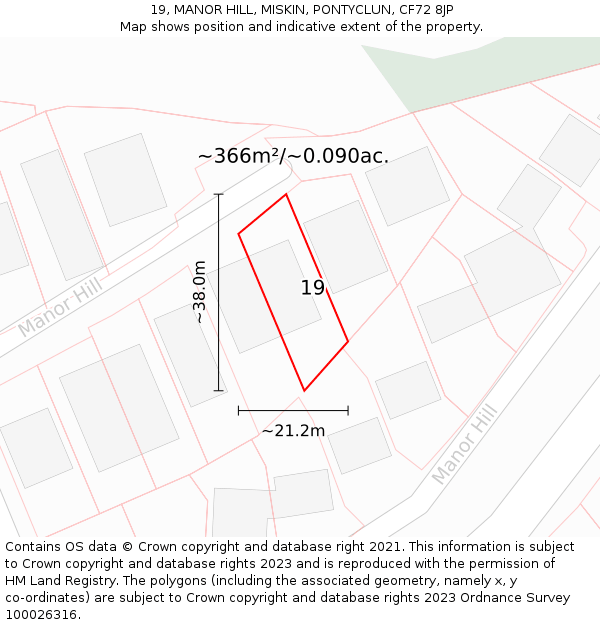 19, MANOR HILL, MISKIN, PONTYCLUN, CF72 8JP: Plot and title map