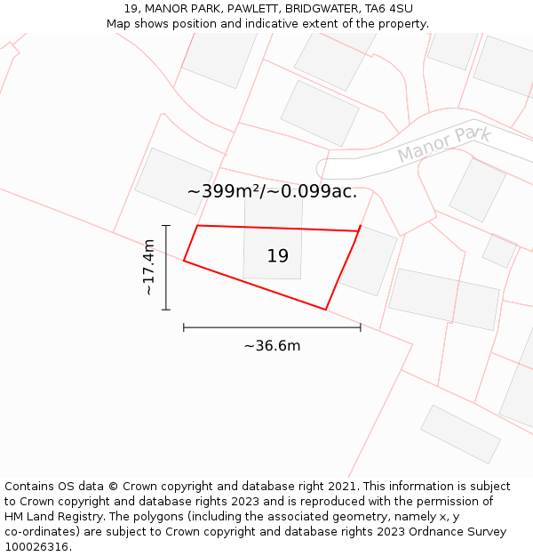 19, MANOR PARK, PAWLETT, BRIDGWATER, TA6 4SU: Plot and title map