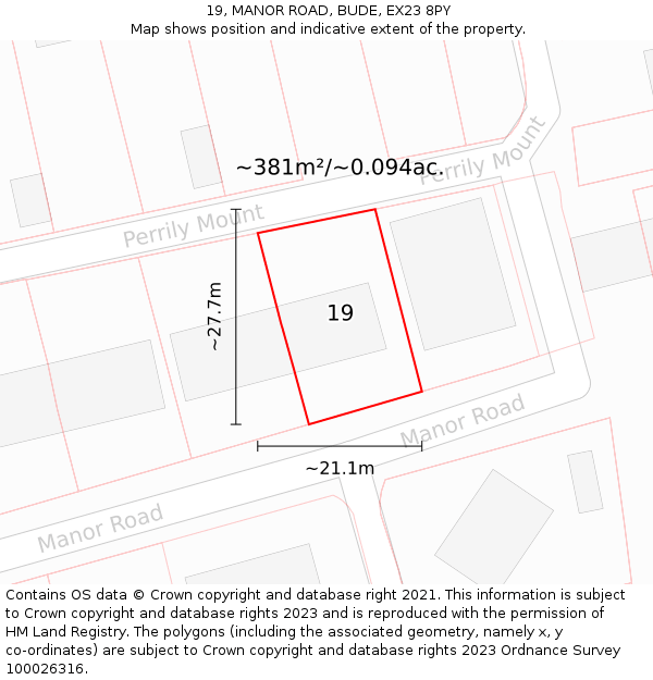 19, MANOR ROAD, BUDE, EX23 8PY: Plot and title map