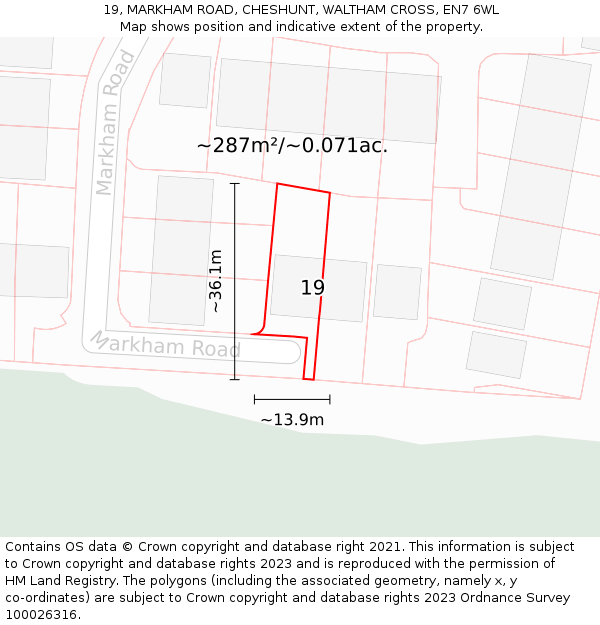 19, MARKHAM ROAD, CHESHUNT, WALTHAM CROSS, EN7 6WL: Plot and title map