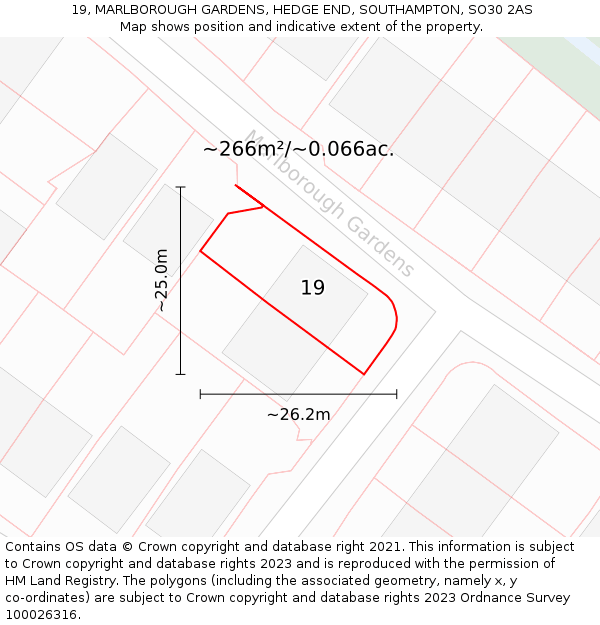 19, MARLBOROUGH GARDENS, HEDGE END, SOUTHAMPTON, SO30 2AS: Plot and title map