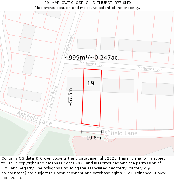 19, MARLOWE CLOSE, CHISLEHURST, BR7 6ND: Plot and title map