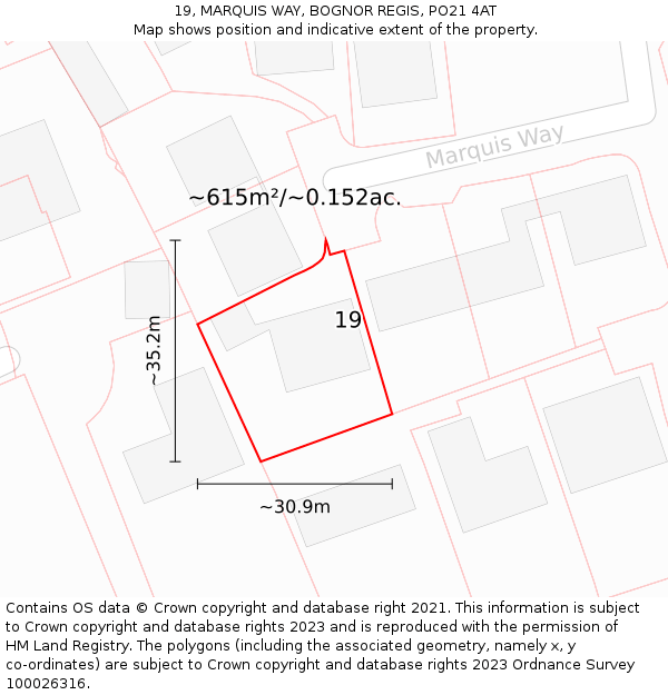 19, MARQUIS WAY, BOGNOR REGIS, PO21 4AT: Plot and title map