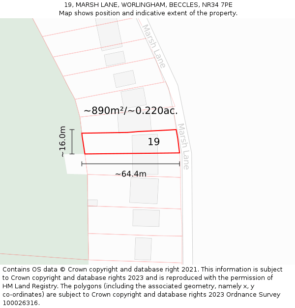 19, MARSH LANE, WORLINGHAM, BECCLES, NR34 7PE: Plot and title map