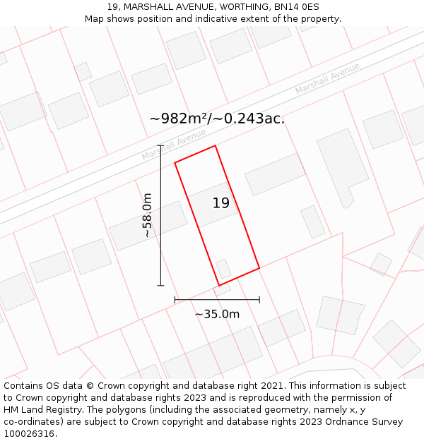 19, MARSHALL AVENUE, WORTHING, BN14 0ES: Plot and title map