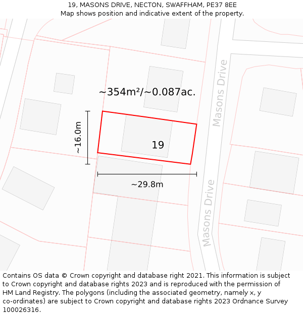 19, MASONS DRIVE, NECTON, SWAFFHAM, PE37 8EE: Plot and title map