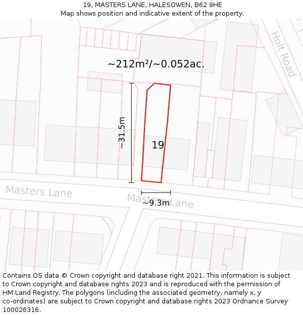 19, MASTERS LANE, HALESOWEN, B62 9HE: Plot and title map