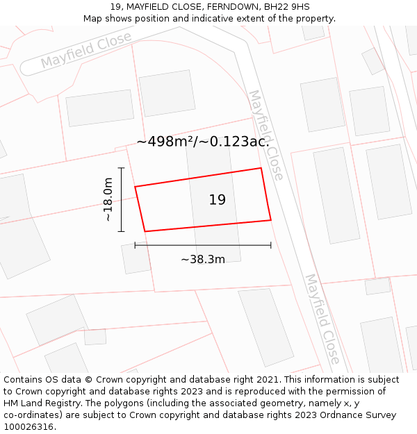 19, MAYFIELD CLOSE, FERNDOWN, BH22 9HS: Plot and title map