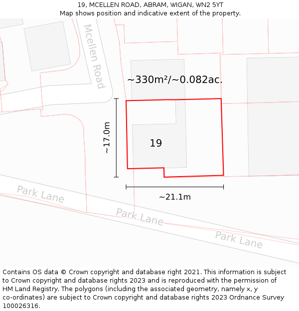 19, MCELLEN ROAD, ABRAM, WIGAN, WN2 5YT: Plot and title map