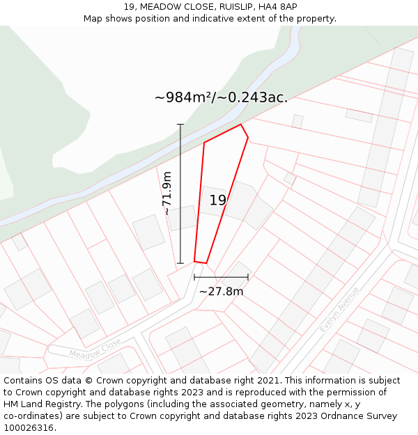 19, MEADOW CLOSE, RUISLIP, HA4 8AP: Plot and title map