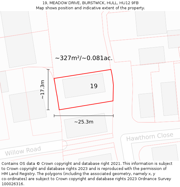 19, MEADOW DRIVE, BURSTWICK, HULL, HU12 9FB: Plot and title map