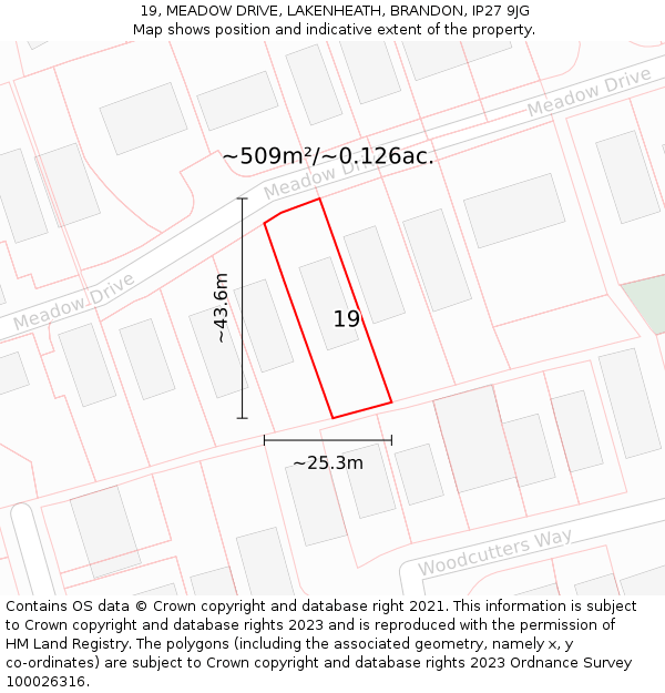 19, MEADOW DRIVE, LAKENHEATH, BRANDON, IP27 9JG: Plot and title map