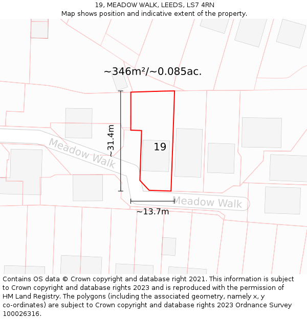 19, MEADOW WALK, LEEDS, LS7 4RN: Plot and title map