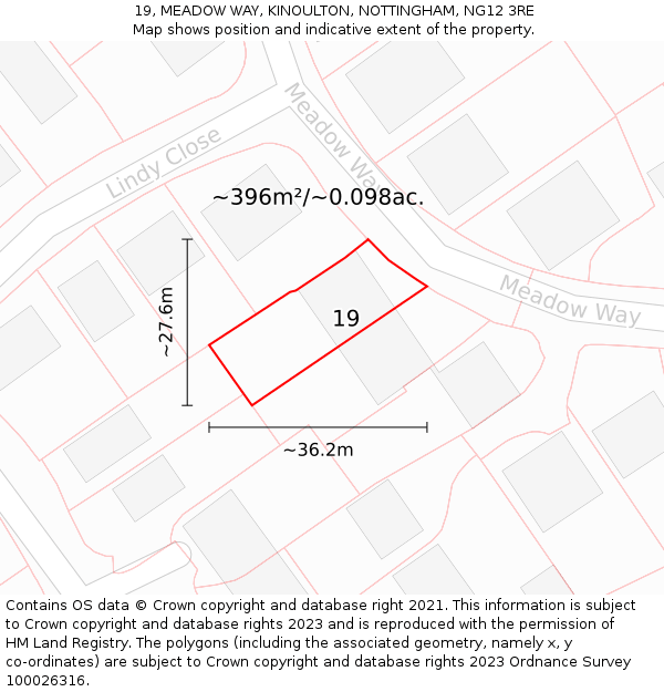 19, MEADOW WAY, KINOULTON, NOTTINGHAM, NG12 3RE: Plot and title map