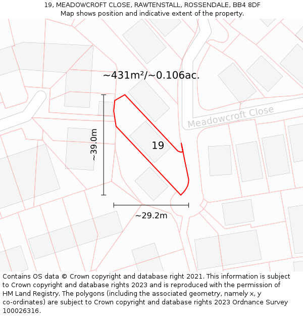 19, MEADOWCROFT CLOSE, RAWTENSTALL, ROSSENDALE, BB4 8DF: Plot and title map