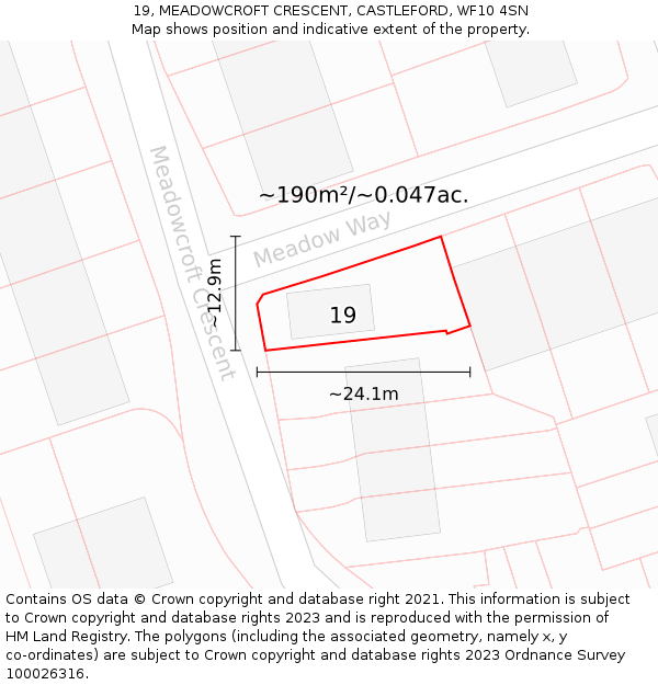 19, MEADOWCROFT CRESCENT, CASTLEFORD, WF10 4SN: Plot and title map