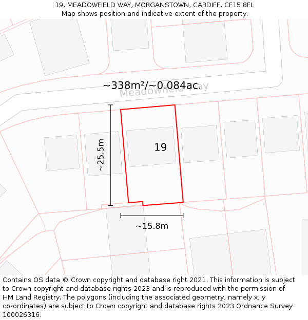 19, MEADOWFIELD WAY, MORGANSTOWN, CARDIFF, CF15 8FL: Plot and title map