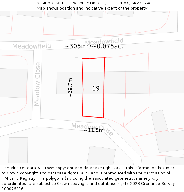 19, MEADOWFIELD, WHALEY BRIDGE, HIGH PEAK, SK23 7AX: Plot and title map